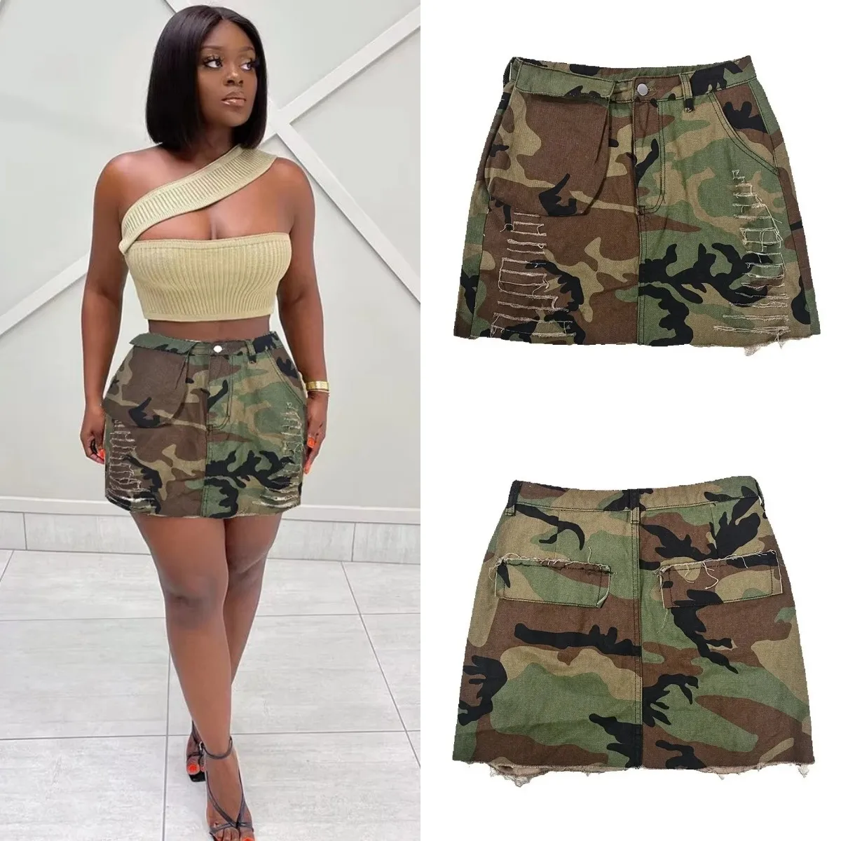 2025 autumn new women's high waist camouflage cut hip skirts