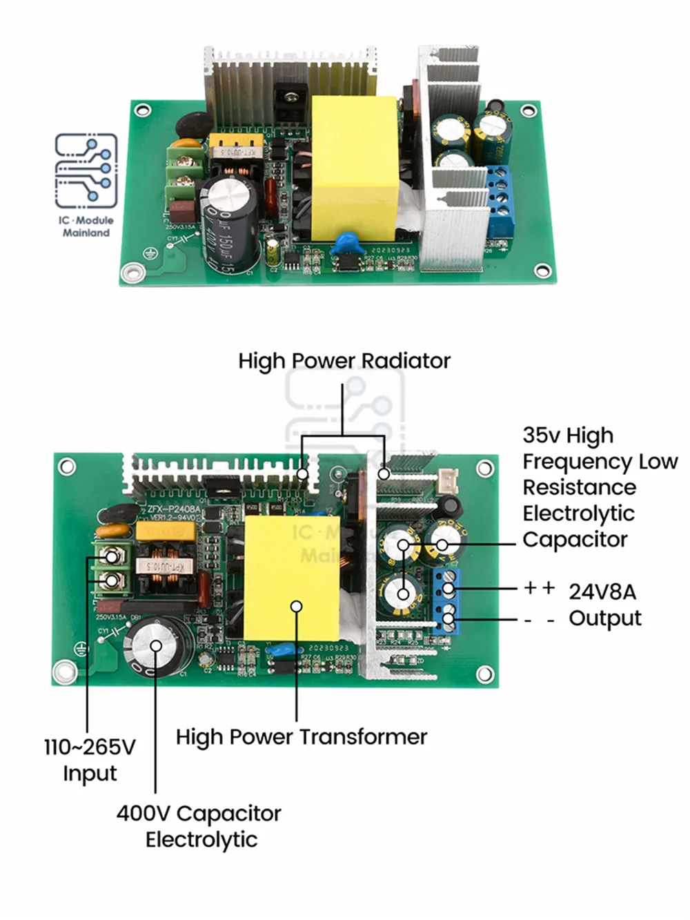 AC110-265V to 24V 8A AC-DC Buck Module 8A 198W Buck Transformer Overload Protection Switching Power Supply Module