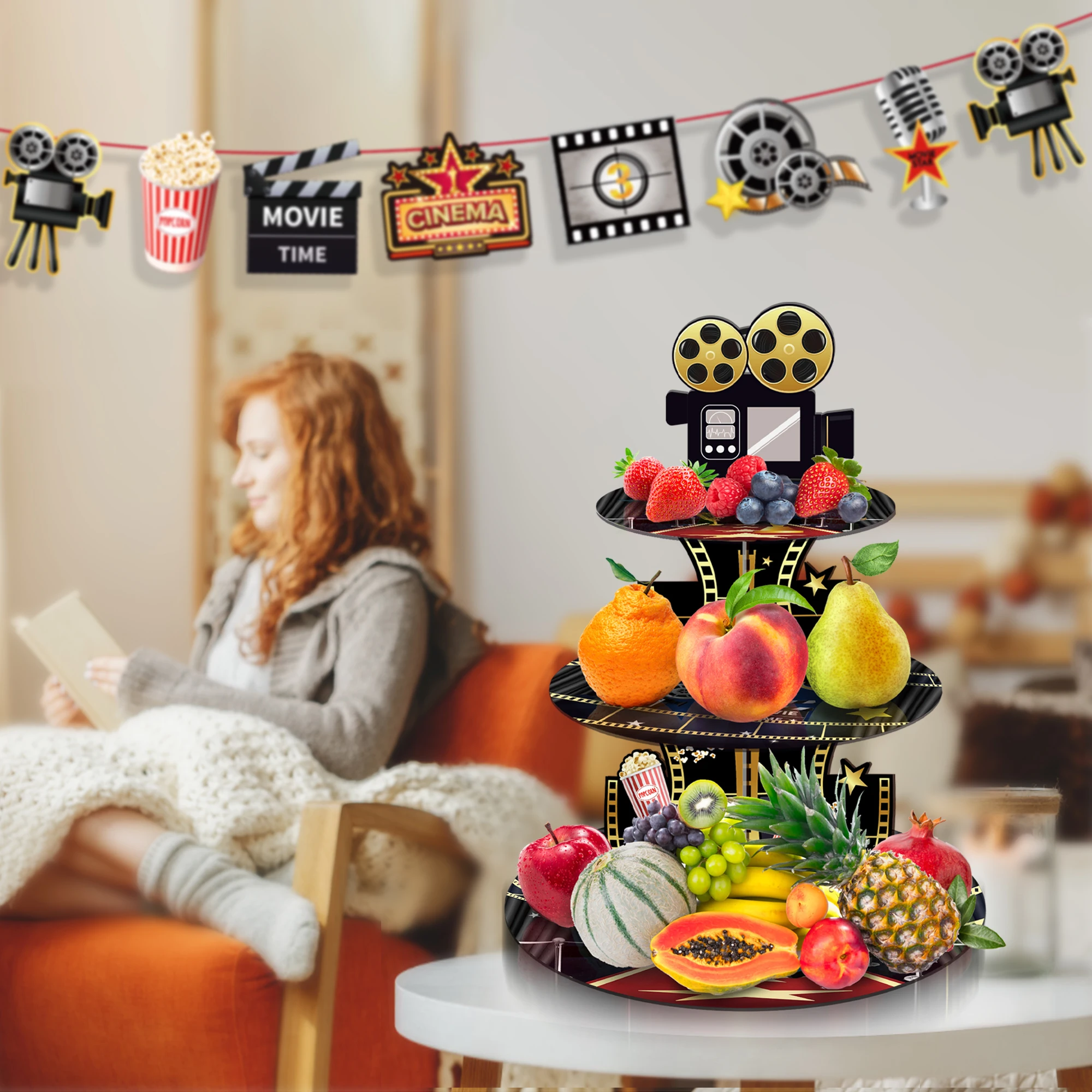 3-poziomowy stojak na ciasto Hollywood Cinema Festival Showing Movie Time Showing Cupcake Rack Holder Birthday Party Cake Tray Decor