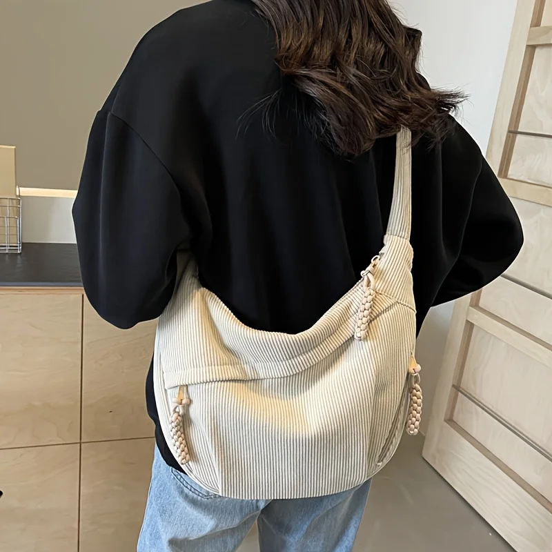 Corduroy Large Capacity Canvas Tote Bags, Fashion and Versatile Casual Single Shoulder Handbag, College Style Commuting Unisex