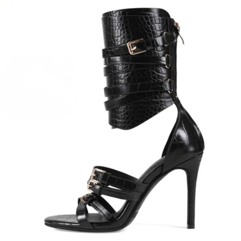Sexy Black Leather Open Toe Cross Belt Buckle Strappy Sandals Hollow Ankle Wrap Stiletto Heels Fashion Party Stage Long Sandals view 6