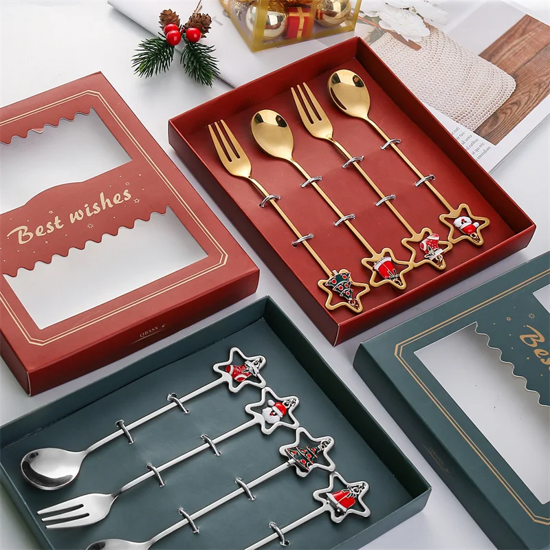 2/4/6pcs Stainless Steel Christmas Coffee Spoon Soup Sugar Dessert Teaspoon Fork Kitchen Tableware Cutlery Set