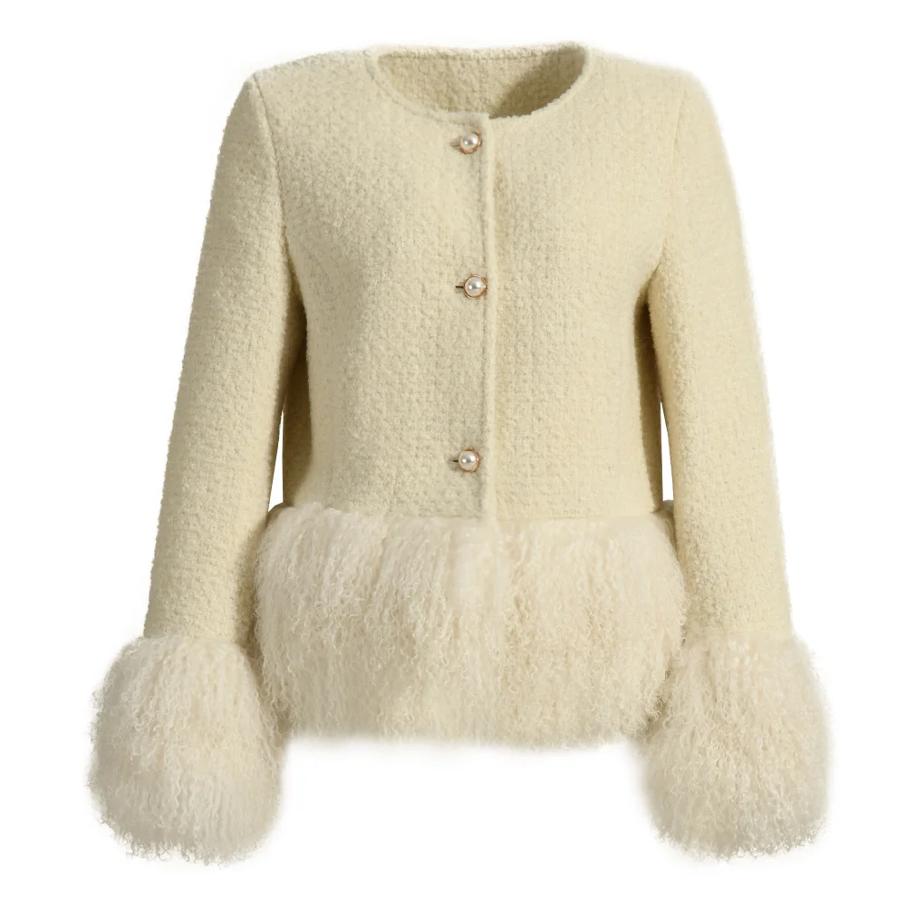 

Jaxmonoy Women's Wool Coat with Real Mongolian Sheep Fur Winter New Style Ladis Elegance Short Tweed Jacket Pearl Button Female