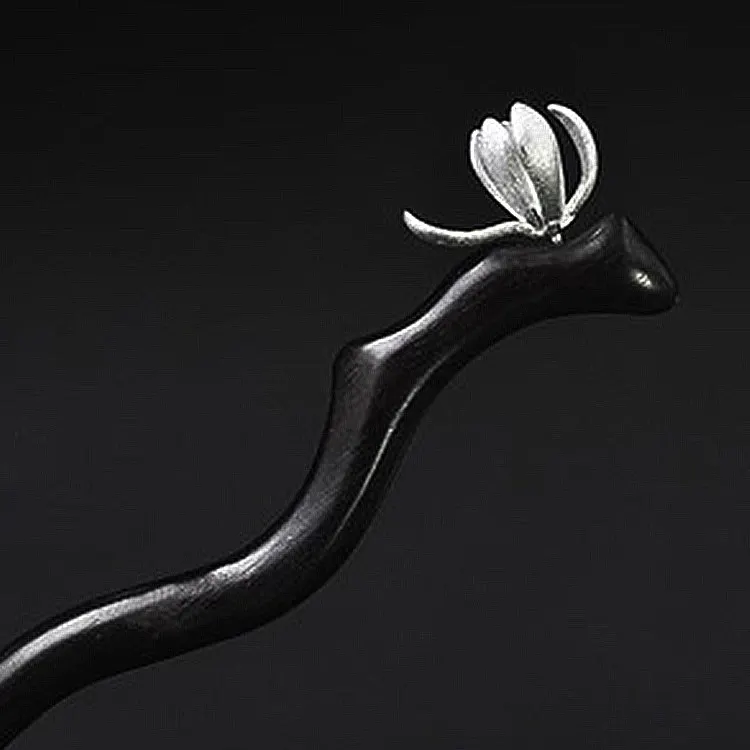Chinese Style Lucky Blessing Ebony Wood Hairpin S925 Sterling Silver Magnolia Flower Vintage Hair Stick For Women Hanfu Cheongsa