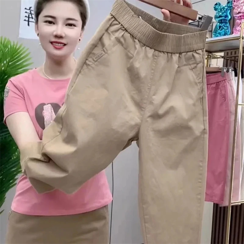 春夏綿カジュアルパンツ 2025 新しい女性韓国高ストレッチウエストハーレムパンツ女性足首までの長さのストレートズボン