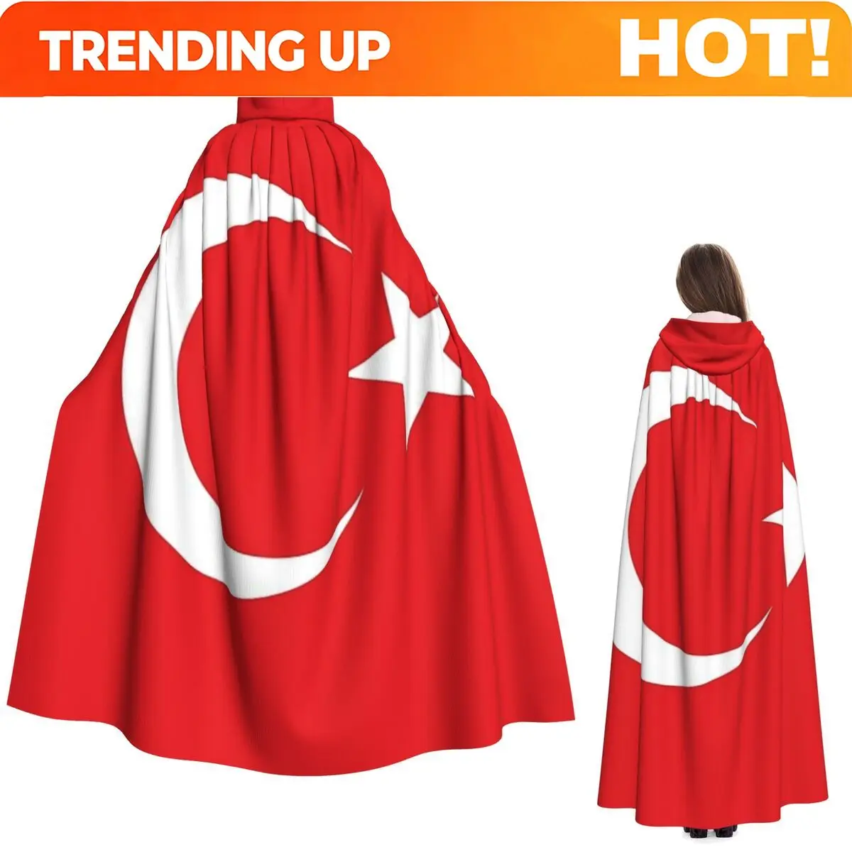 Customization The Republic Of Turkey Flag Long Hooded Cloak Witch Medieval Costume Cosplay Cape HalloweenVampire Adult Unisex