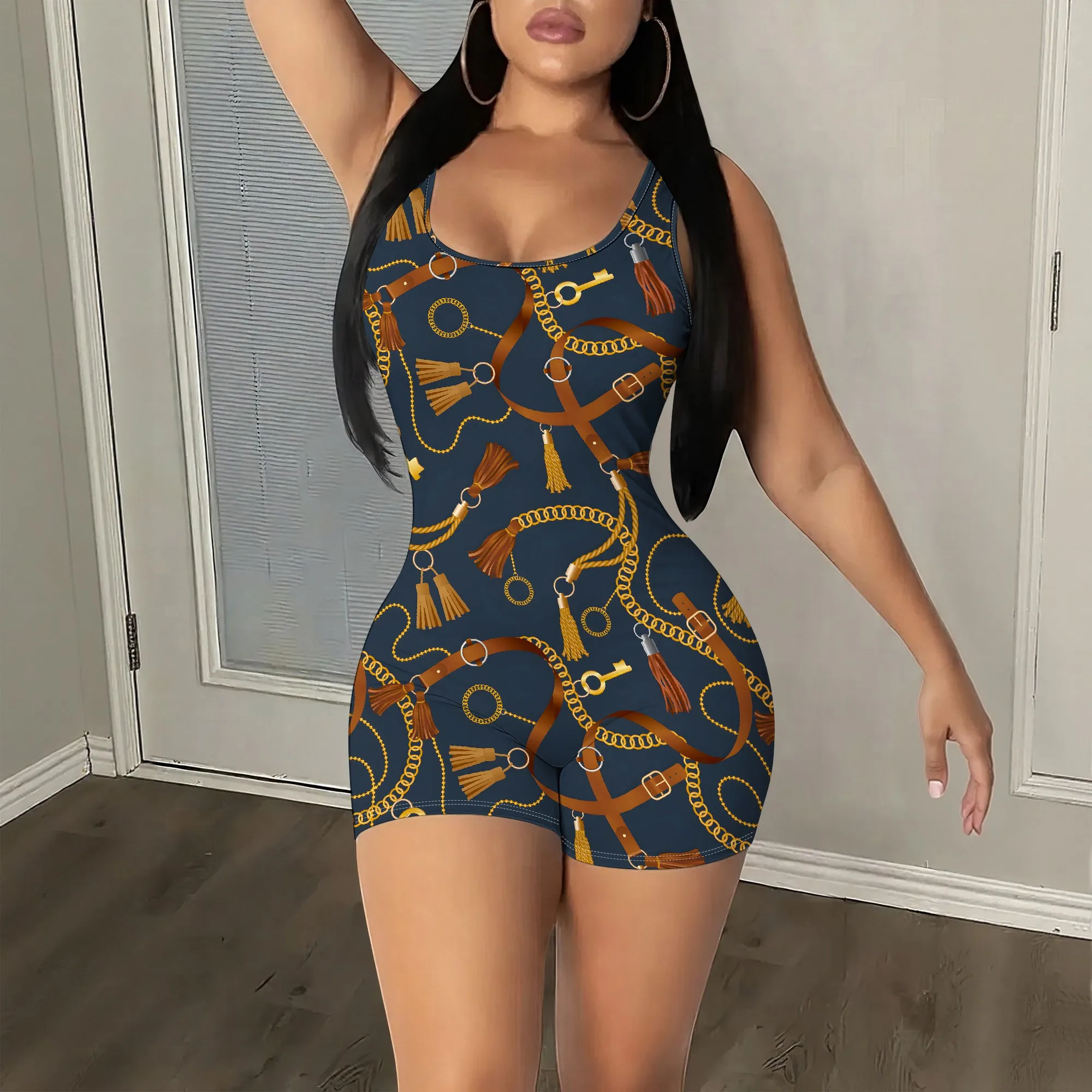 

Fashion Chain Print Romper, Sleeveless Bodysuit, Tassel Pattern Jumpsuit, Party Clubwear, S-2XL