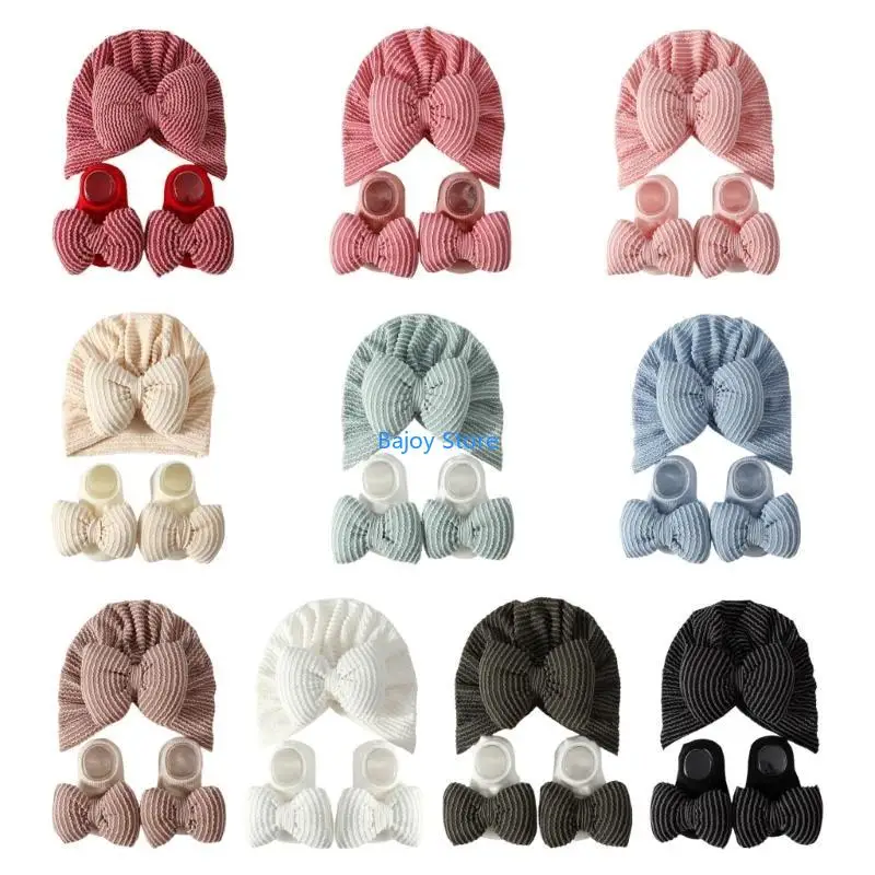 

63HE Newborns Fashion Striped Headwear & Footwear Set with Bowknot Sweet Stripes Baby Accessory Set with Bowtie Hat & Socks