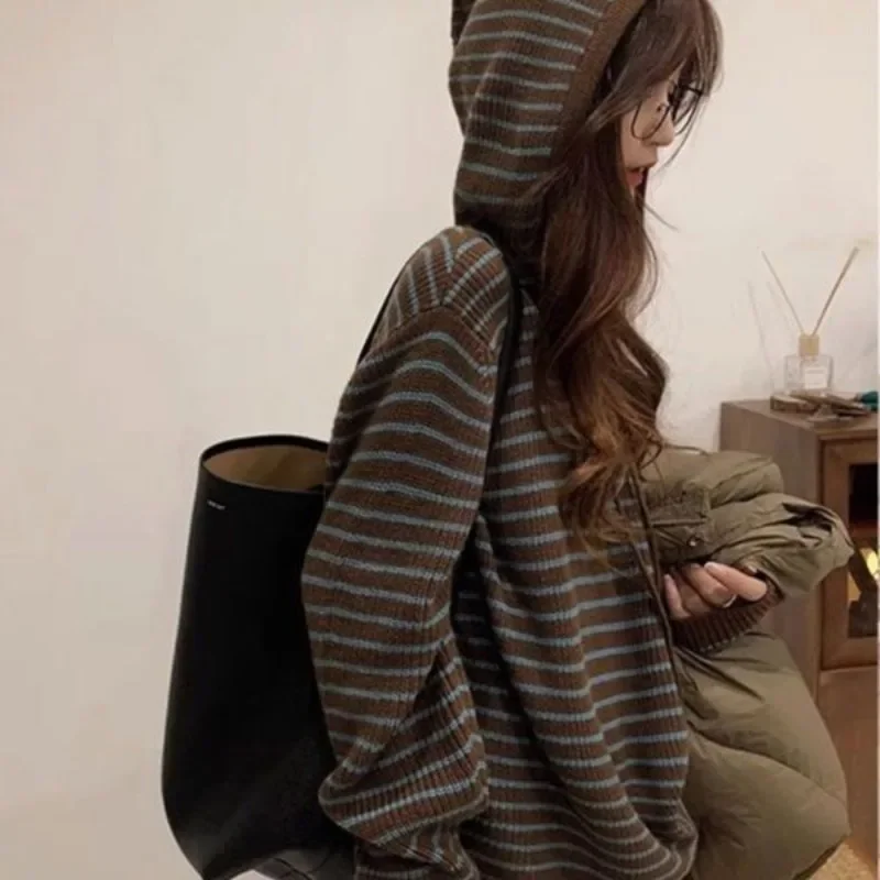 

Vintage Striped Sweater Women Korean Style Knit Tops Harajuku Hoodies Casual Female Pullover Hoodie Y2k Winter Clothing 후드티