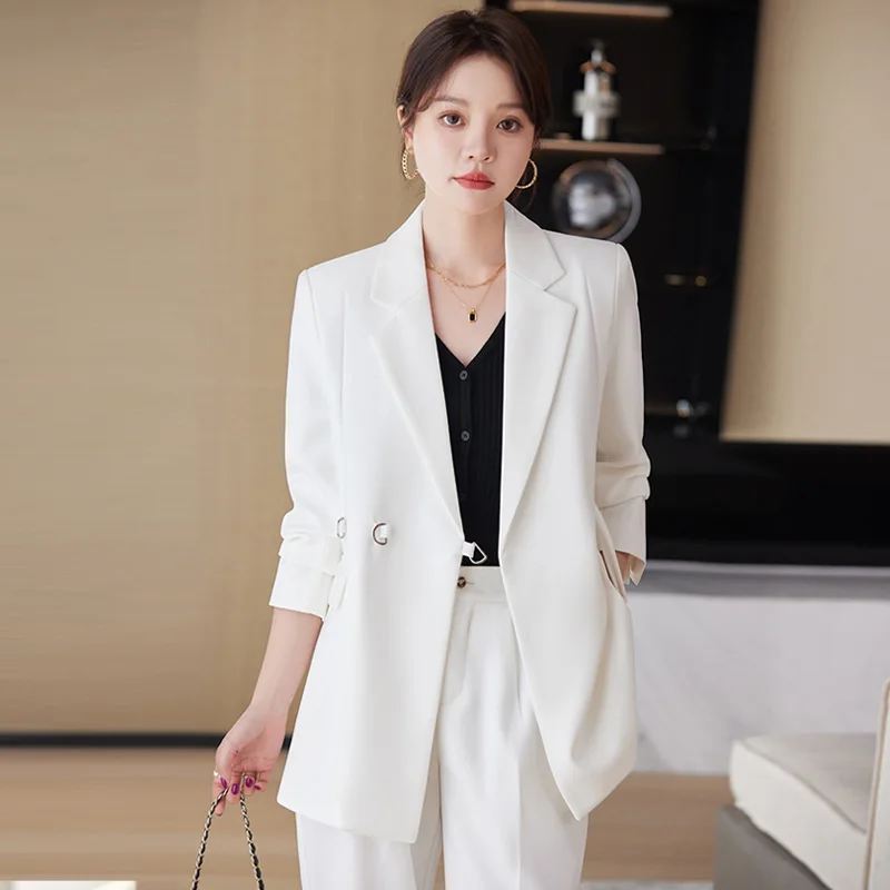 Women's Spring/Summer Plus Size Retro Casual Short Blazer Wide Leg Pants Set Commuter Metal Chain Belt Suit Pants Two Piece Set