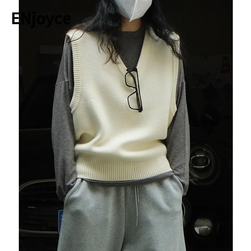 

ENjoyce Women Cashmere Wool Knit Vest Korean Fashion Waistcoat Sleeveless Sweater Knitwear Traf Brand New Tops Spring Fall