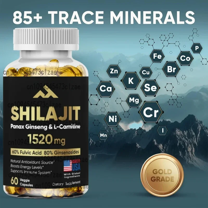 Pure Himalayan Shilajit Supplement 60% Fulvic Acid Made in The United States 85 Trace Minerals, Contains Ginseng and L-Carnitine