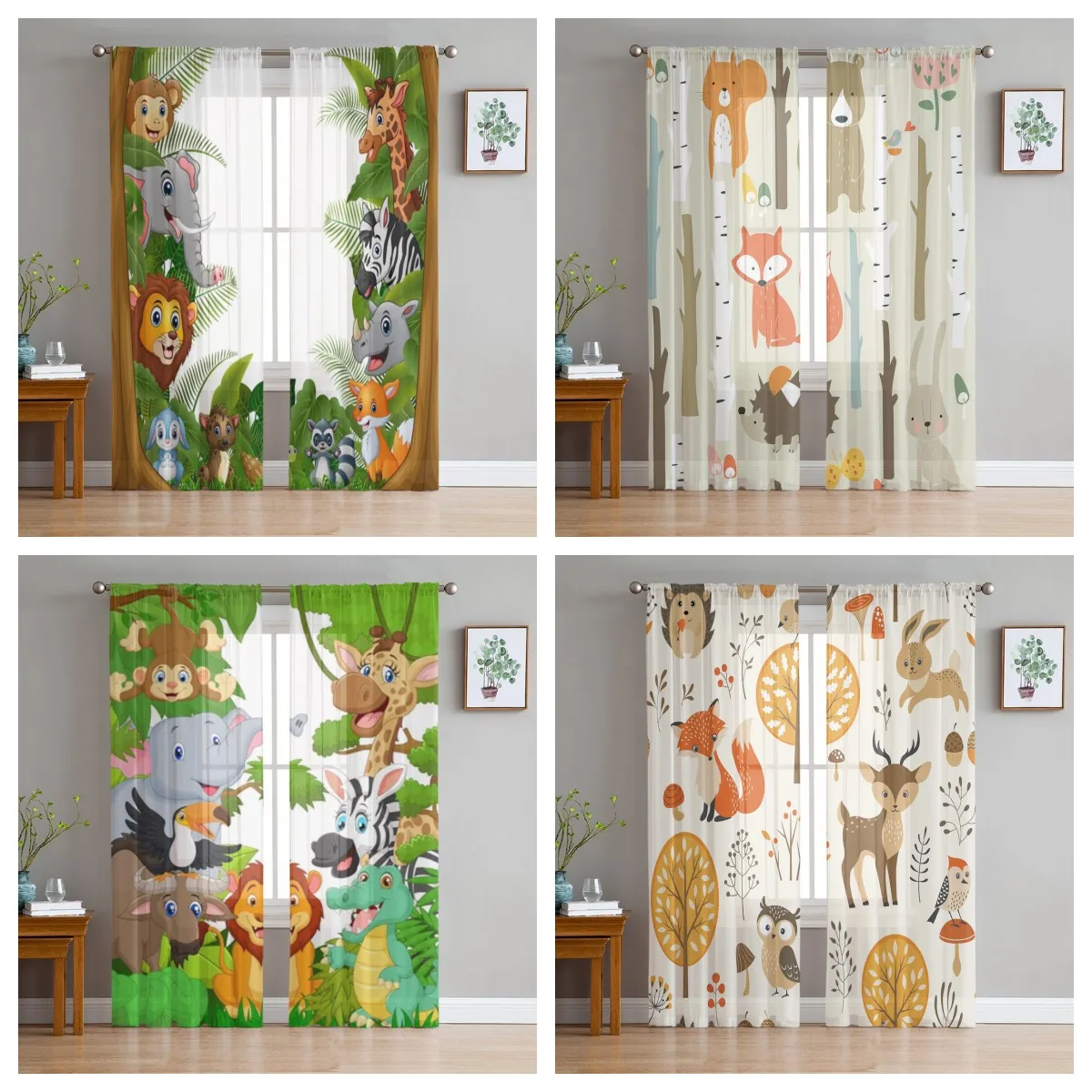 

Jungle Cartoon Animal Lion Zebra Sheer Curtains for Living Room Child Bedroom Tulle Curtains Kitchen Window Treatments 2Panels