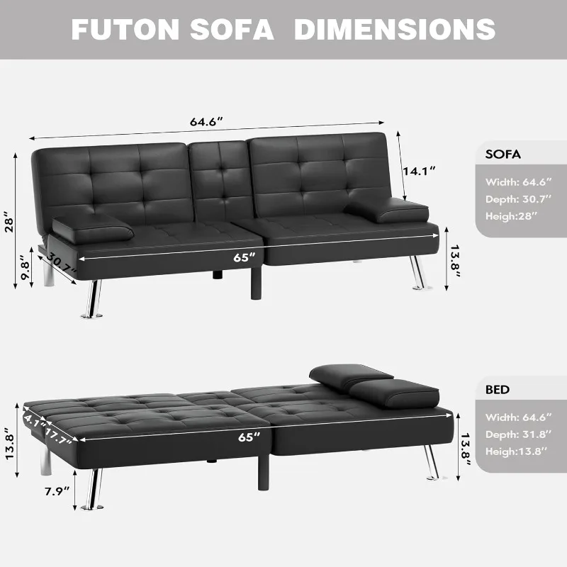 

Faux Leather Futon Sofa Bed Futon Couch with Removable Armrests Adjustable Sleeper Sofa Bed with 2 Cup Holders for Livin