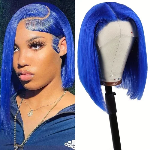 Imagen 2 del producto Peluca de cabello humano Bob liso azul marino, pelucas brasileñas de 200 de densidad 13x4 HD con encaje Frontal, pelucas Bob de color liso de hueso prearrancadas