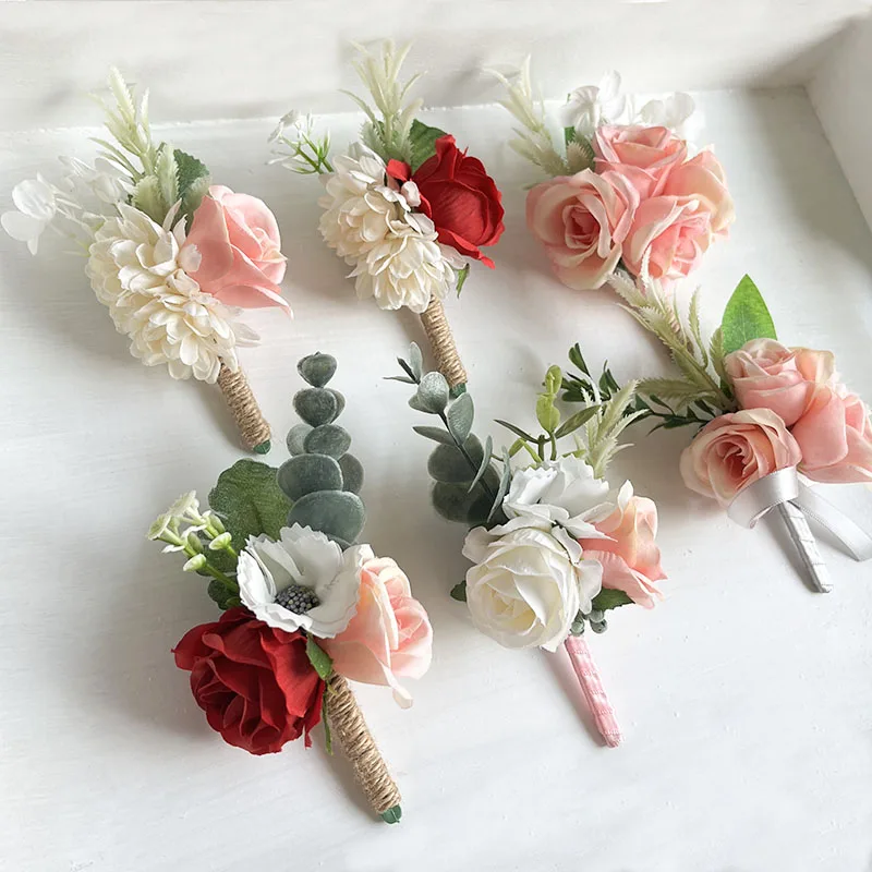 White Boutonniere Wedding Corsage Flowers Artificial Red Rose Bracelet for Bridesmaid Men Buttonhole Guests Marriage Accessories