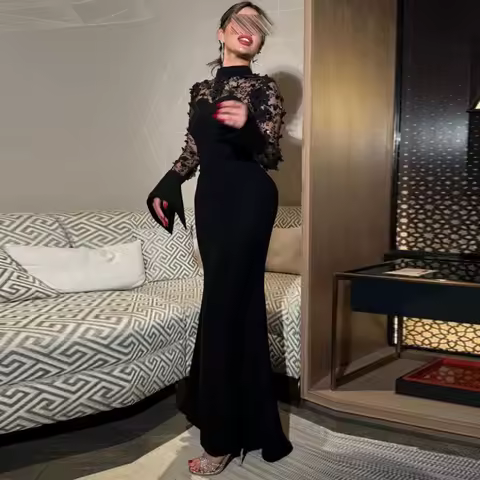 Customized Floral Mermaid Prom Dresses High Neck Flare Sleeve Bodycon Dress Satin Long Formal Evening Party Gowns