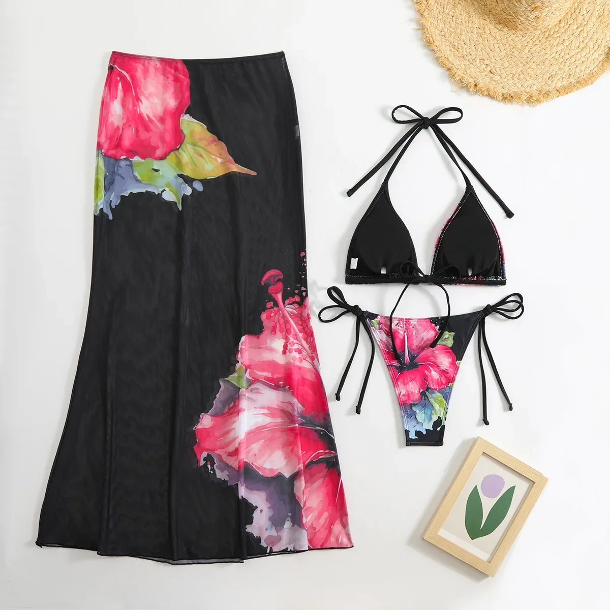 Traje de baño Sexy personalizado estampado para mujer con falda de Vestido de playa de encaje conjuntos de Bikini de 3 piezas traje de baño ropa de playa trajes de baño