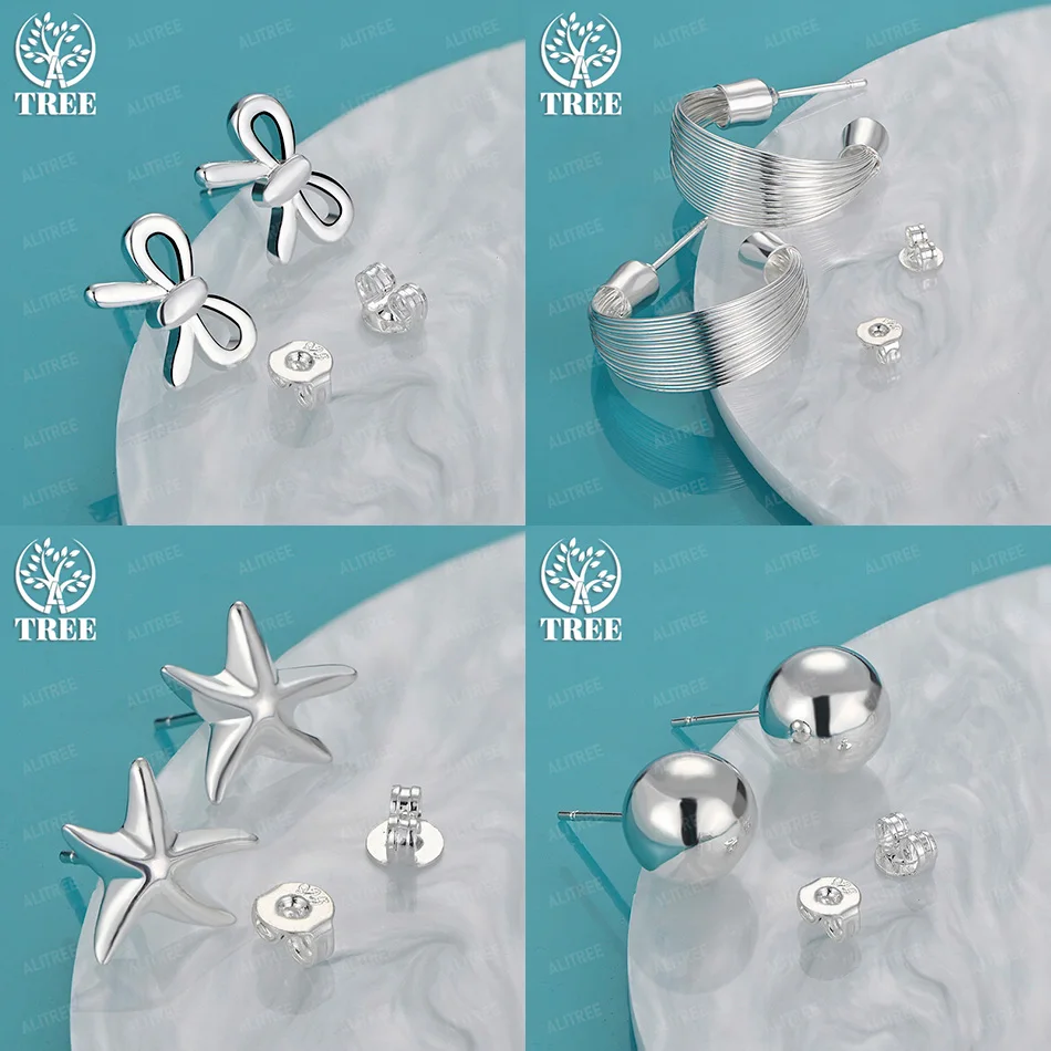 

Fine 925 Sterling Silver Beads Starfish Bowknot Multi-line Stud Earring Women Wedding Birthday Party Fashion Jewelry Accessories