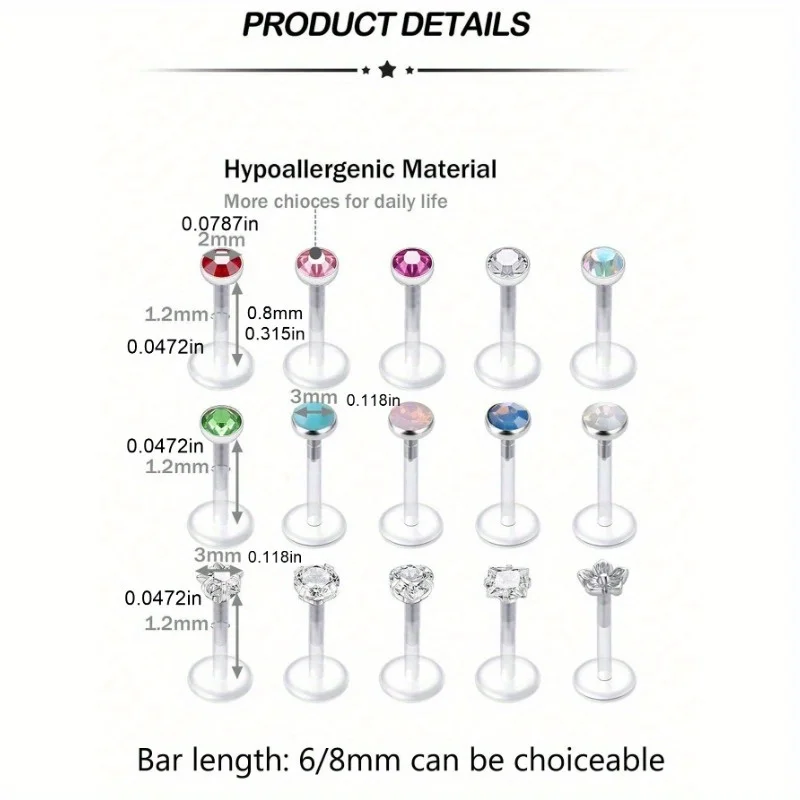 15pcs Flexible Acrylic Tragus Helix Piercing Earrings Lip Stud Bar 16G Conch Earring Retainer Bioflex Labret Piercing