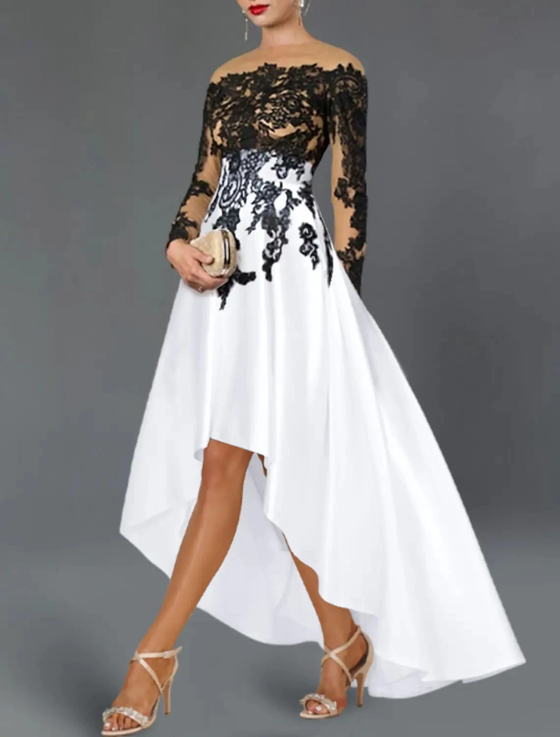 White Black High Low Prom Party Dress Illusion Neck Lace Appliques Long Sleeves Satin Evening Formal Gowns 2023 Robe De Soirée