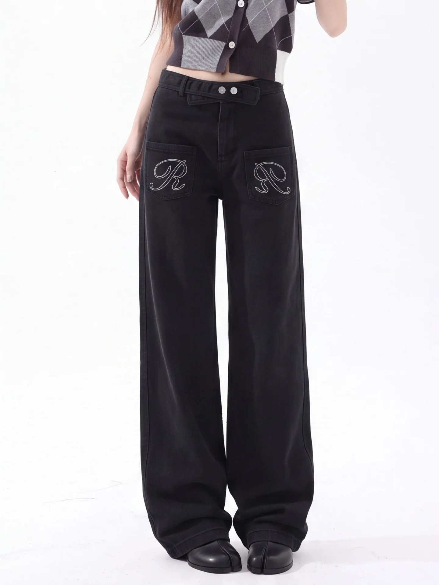 High Waist Wide Leg Denim Jeans Women's Double Button Loose Straight Casual Pants Ant Embroidery Floor-Length Trousers