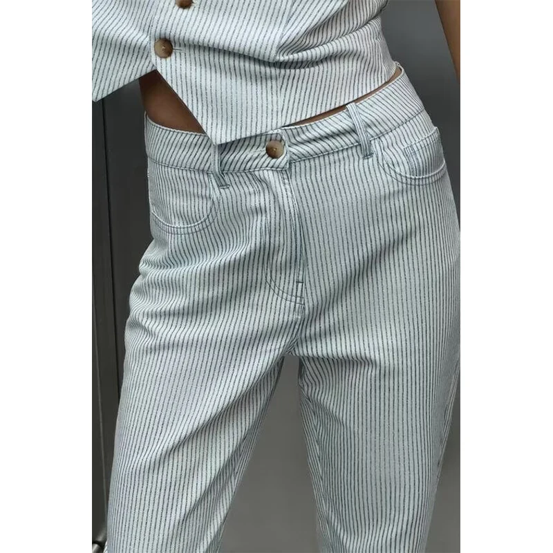 YENKYE New Women Vintage High Waist Striped Straight Pants Female Pockets Casual Trousers