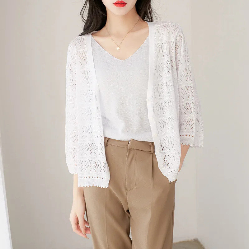 Spring Summer Women\'s Thin Hollow Knit Cardigan Korean Fashion Top Short Loose Air-conditioned Sunscreen Shirt Grace New