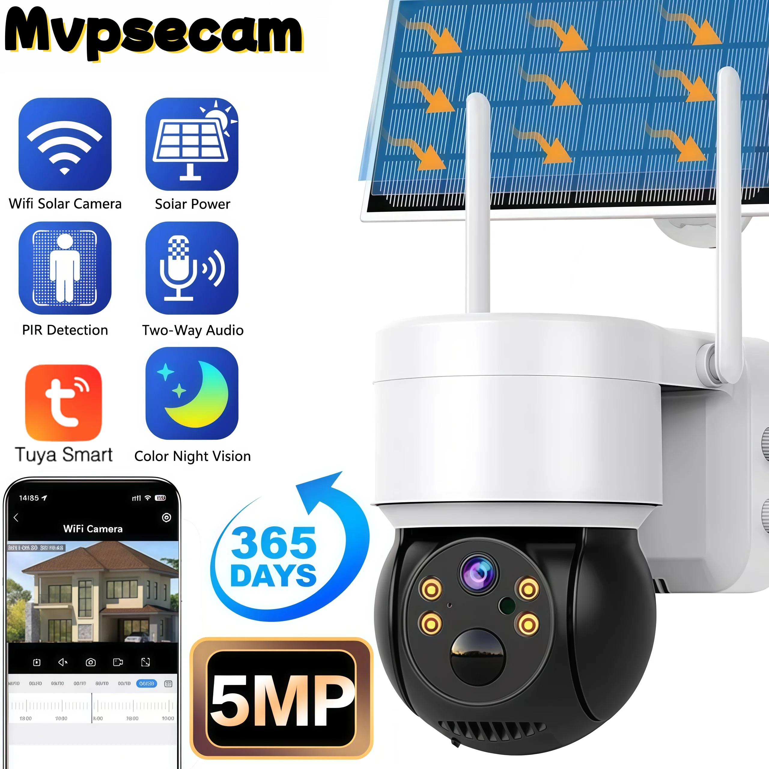 Outdoor WiFi Solar PTZ Surveillance Camera 5MP Tuya Smart Life Wireless Security CCTV Cam with Solar Panel PIR Human Detection