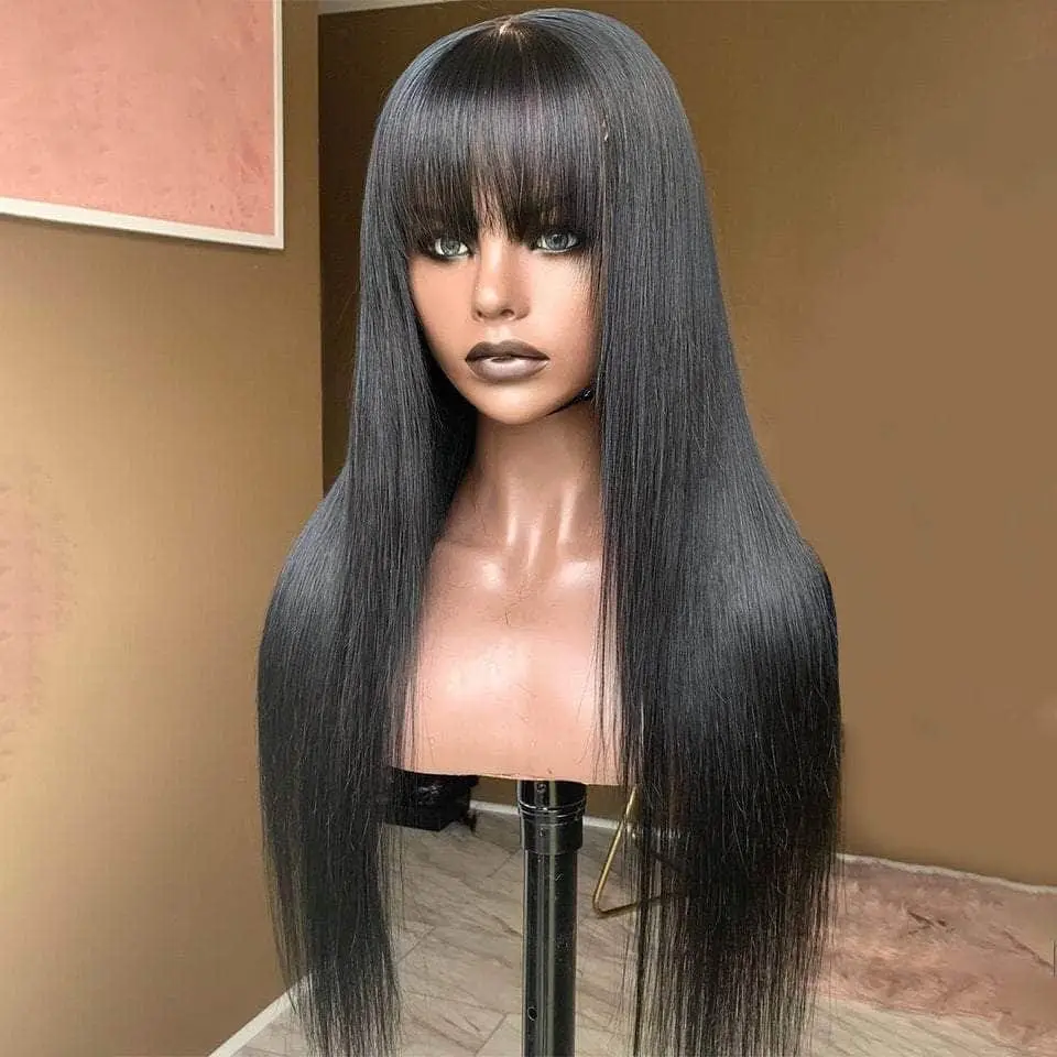 28 30 Inch Middle Part Lace Wig Bone Straight Human Hair Wig With Bangs Full Machine Made Straight Human Hair Wigs For Women