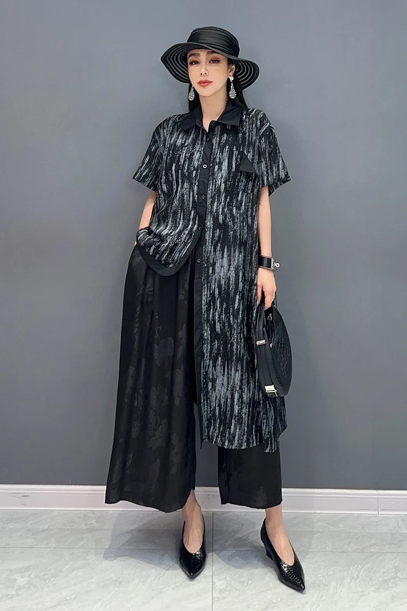 Vefadisa 2025 Summer New Women Dark Gray Irregular Long Shirt Short Sleeve Printed Loose Large Size Women Shirt HLX145F1