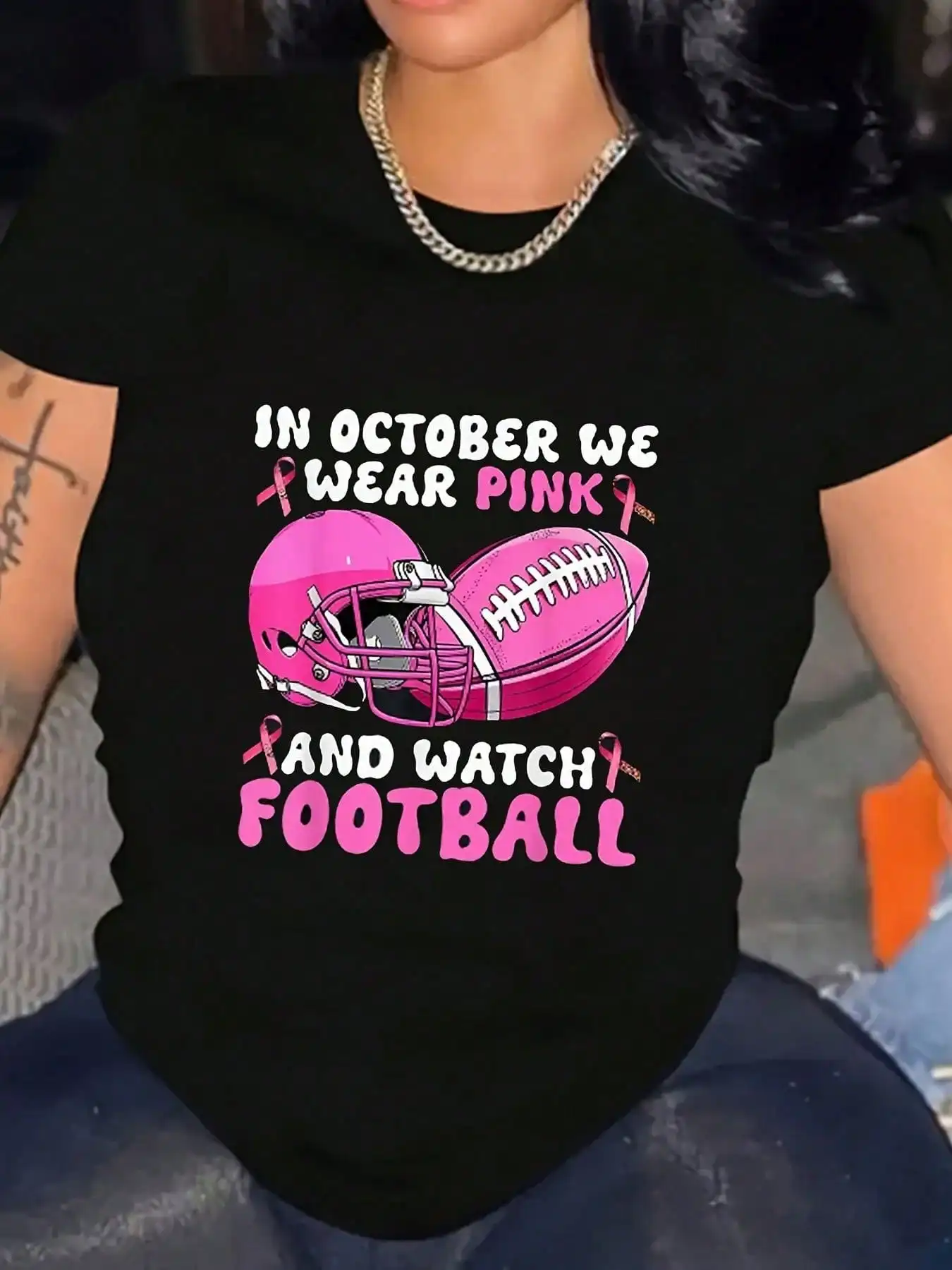 

Funny Breast Cancer Awareness Pink Graphic Women T-Shirts Cotton Plus Size Soft Stylish Casual Short Sleeve Crew Neck Top, 220g