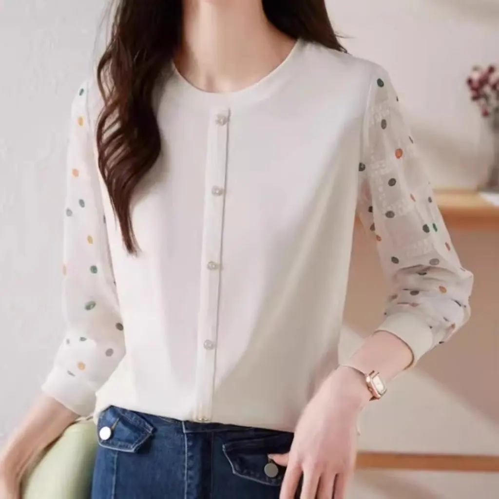 

Women's Wave Point Long Sleeve Chiffon Shirt French Knitted Top Dress Age-Reducing Early Spring Base Shirt New Style