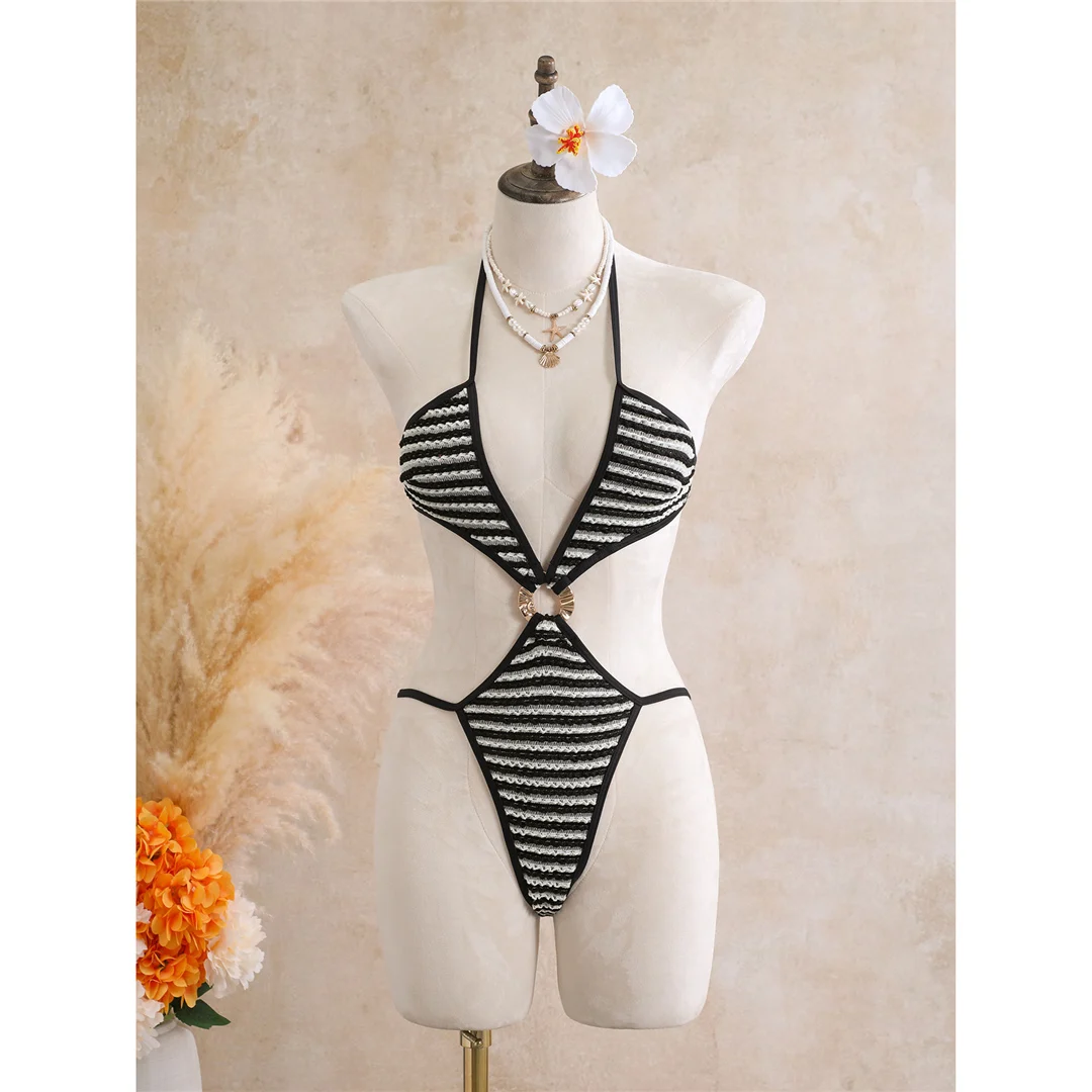 Mit Rock, gestreiftem Halterneck, V-Ausschnitt, Damen-Badeanzug, einteiliger Badeanzug, Damen-Monokini, hoher Beinausschnitt, Badebekleidung, Badeanzug, V8345. – Detail 8