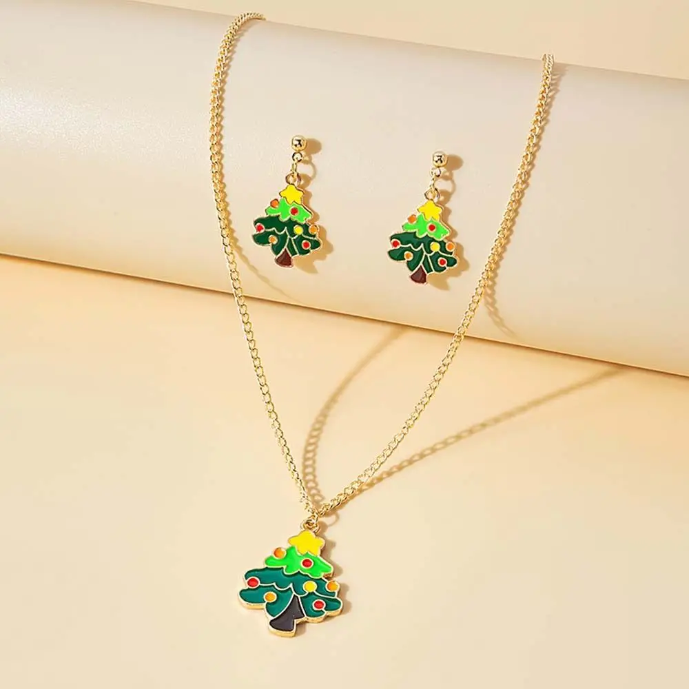 Xmas Jewelry Women Pendant Necklace Christmas Tree Christmas Earrings Earring Necklace Set Christmas Necklace Dangle Earring