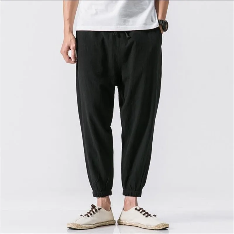 Celana Panjang Pria Ukuran Besar M-7XL Musim Semi Panas 2025, Celana Harem Longgar Model Beam Foot Katun Linen, Celana Olahraga Kasual Modis