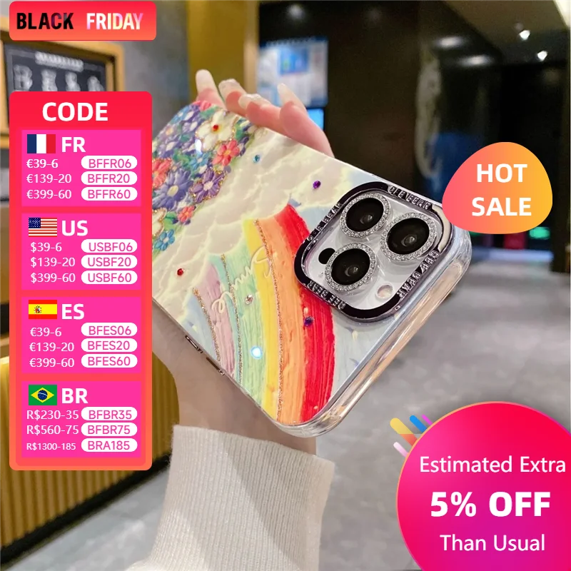 Apply to the iphone 15 iphone 14 Promax Flash Diamond Rainbow Flower painting mobile phone case anti-fall protection