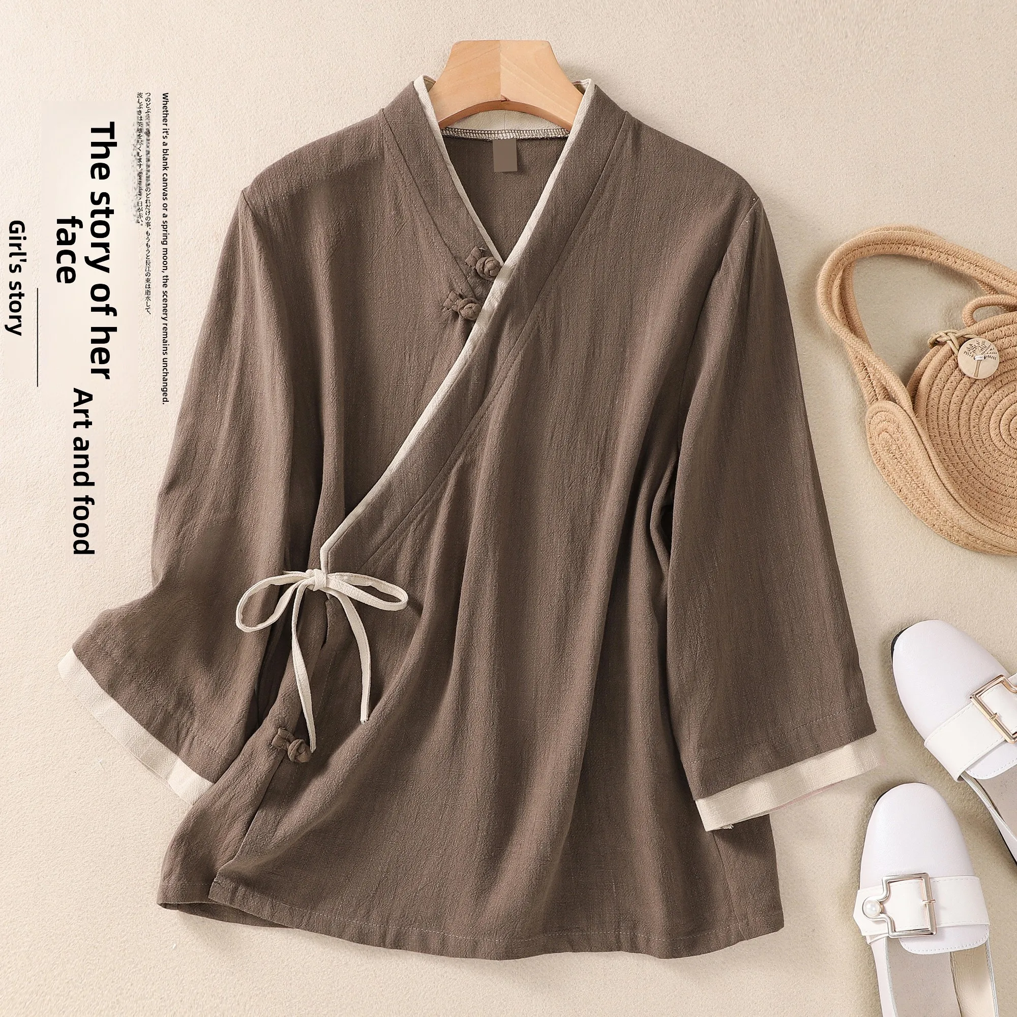 ชุดฮั่นฝูแบบถังสำหรับผู้หญิง ชุดฤดูร้อนสำหรับพิธีชงชา หรือชุดสำหรับการเรียนเซน ปกเฉียง รุ่นปรับปรุง เสื้อสไตล์จีน