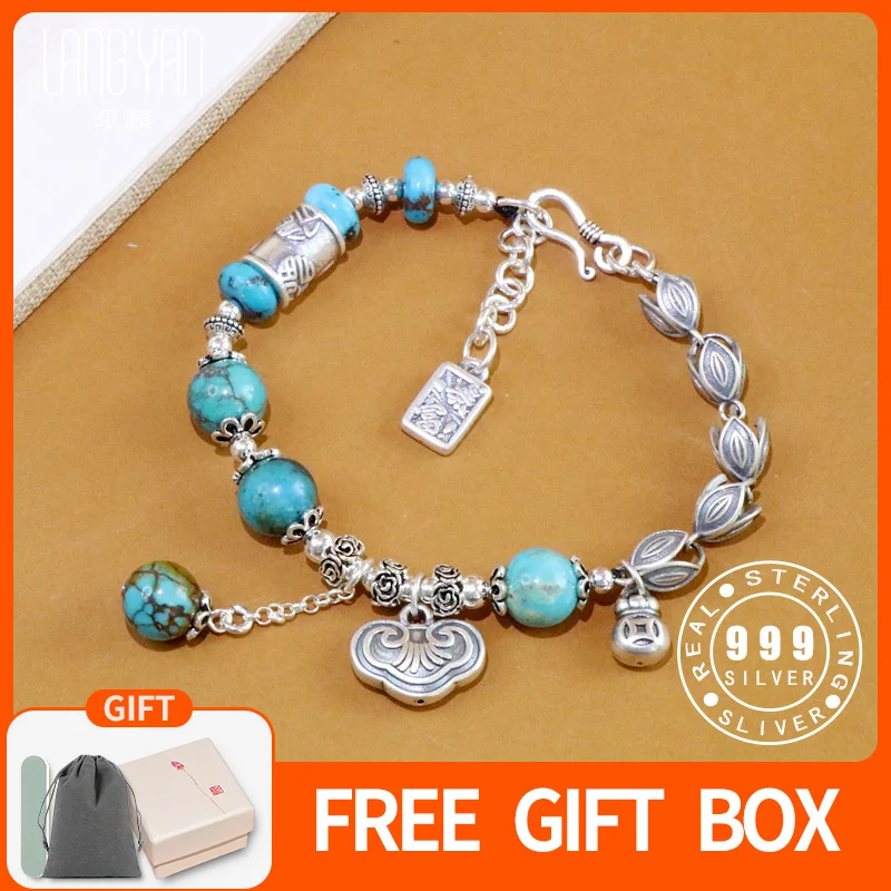 

Langyan Original Design 999 Silver Turquoise Bracelet Retro Lucky Bag Lotus Flower Silver Beads Jewelry Chinese Style Gift SL216
