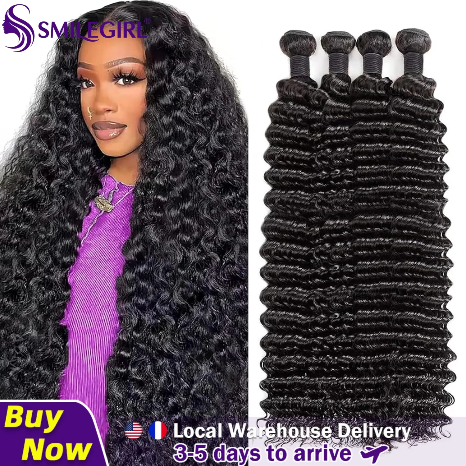 Smilegirl 12A Deep Wave Hair Bundles Curly Raw Human Hair Extensions Soft Thick Double Weft Natural Shiny Weave Hair Bundles For Women Full Head Styling