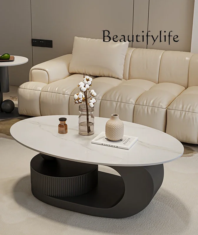 Black high-end light luxury rock slab oval coffee table small apartment modern simple, minimalist living room