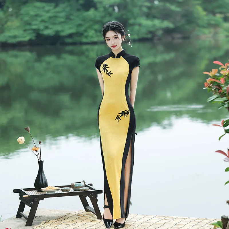 

Yellow Black Patchwork Elegant Women Chinese Tradition Style Cheongsam Improved Female Mandarin Collar Qipao Short Sleeve Dress
