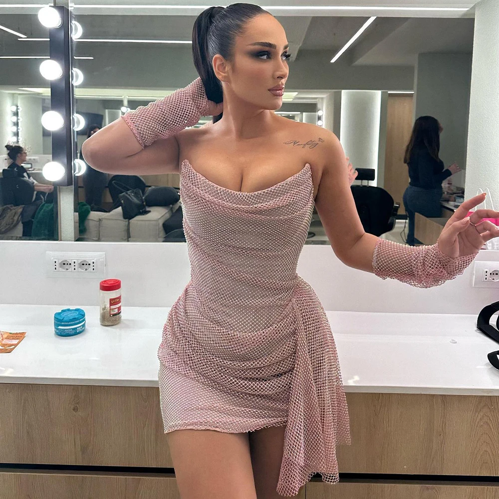 

Блестящие коктейльные платья с перчатками, розовые короткие платья с кристаллами для женщин, роскошное Плиссированное мини-платье в стиле ретро с V-образным вырезом