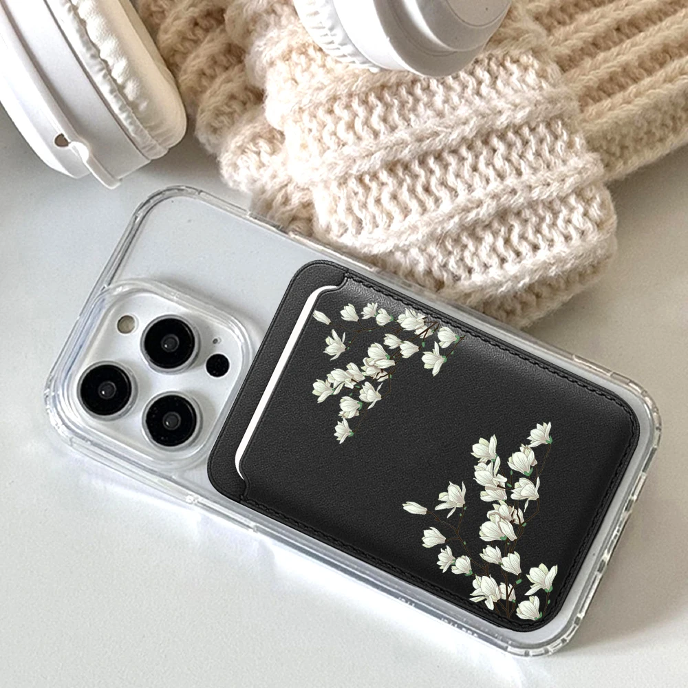 Magnolia Leder-Kartenetui Handyhülle Magnetische Hülle Geeignet für alle iPhone Magsafe Karten Blumen Handy-Rückentasche – Detail 4