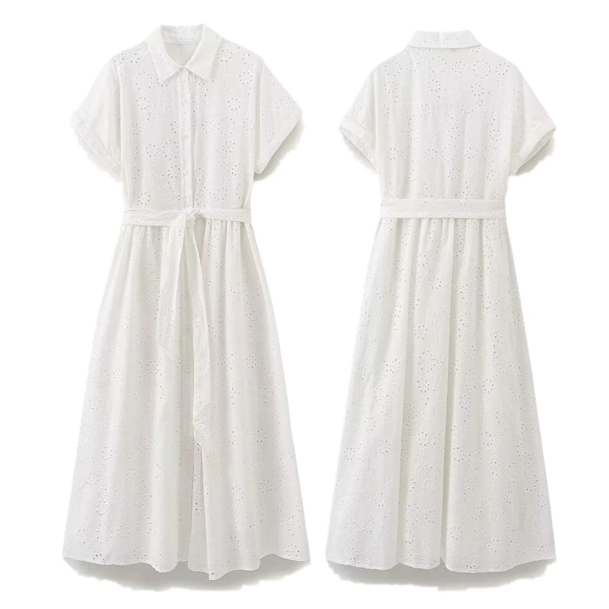 

Dave&Di French Minimalist Embroidered White Long Shirt Dress Women Straight Loose Short Sleeve Midi Dress Vestidos