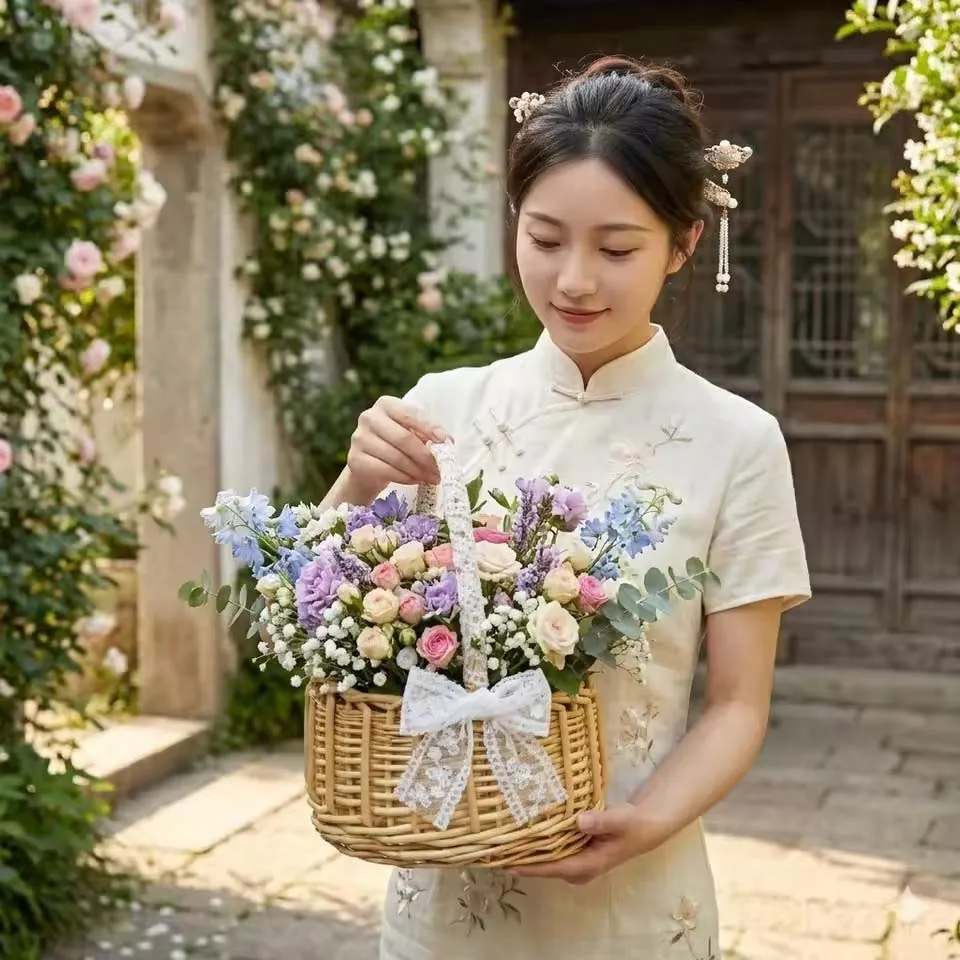 1pc Hand-woven Wedding Flower Basket With Handle Wicker Sundries Basket Wedding Flower Basket For Home Picnic Storage Basket view 3