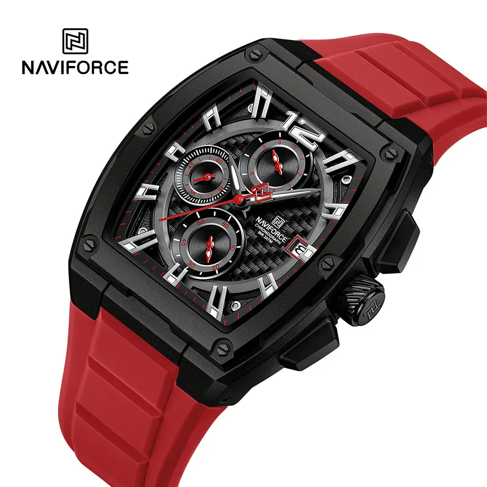 NAVIFORCE Men\'s Quartz Watch New Fashion Cool Multifunctional Timing Calendar Black Silicone Band Waterproof Watches Male Gift