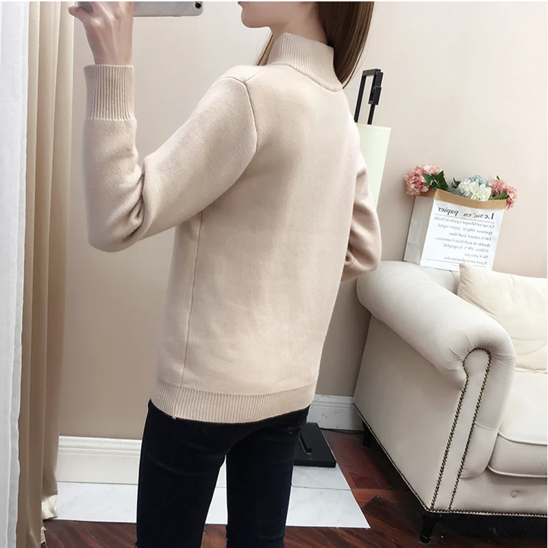 Half Turtleneck Sweater Women\'s Winter Warm Knit Pullover Casual Slim Poleras Thick Plush Lined Knitwear Jumper Long Sleeve Tops