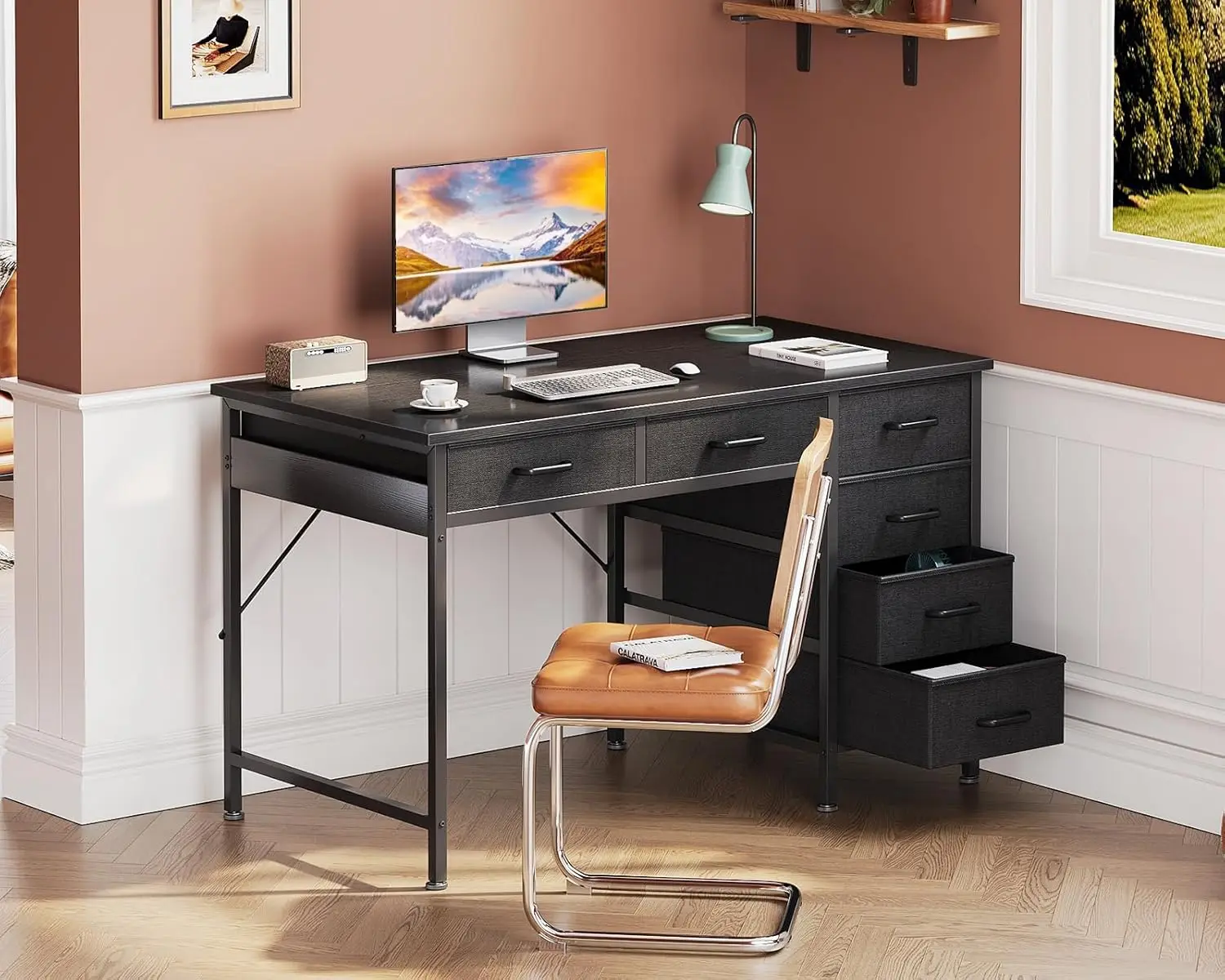 Computer Desk Wood 40 Inch Reversible, with Drawers All Seasons Black