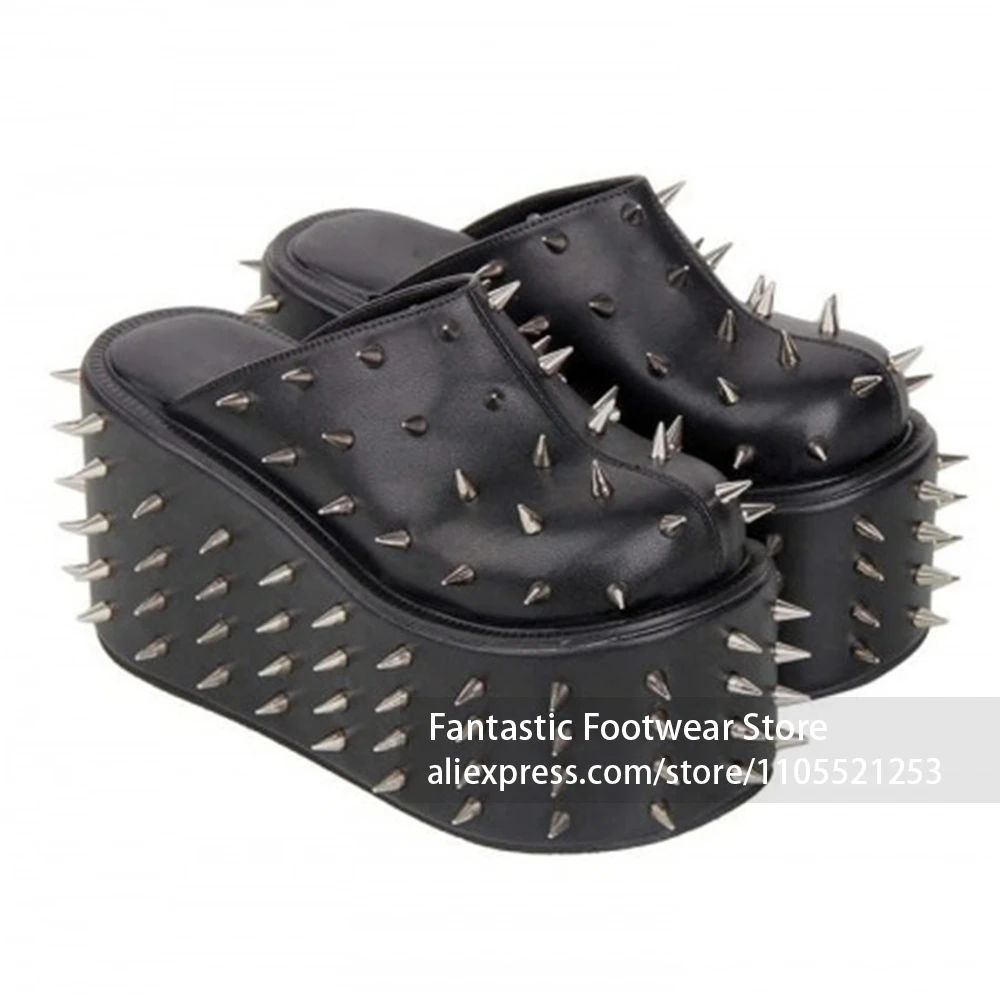 

Gothic Punk Full Metal Spike Rivet Platform Wedge Mules Closed Toe Slip On Royal Blue Chunky Sole Alt Fashion Sandals for Women